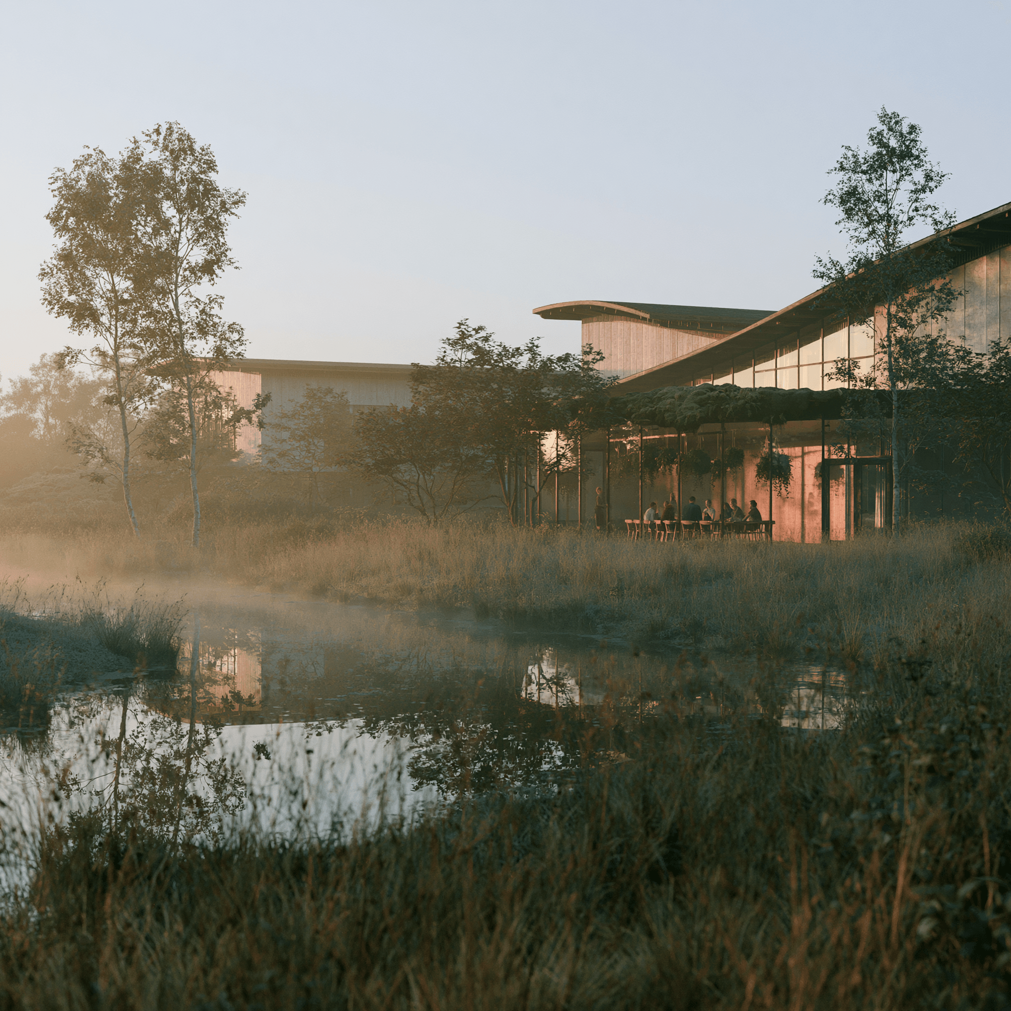 A serene research campus nestled in misty wetlands at dawn