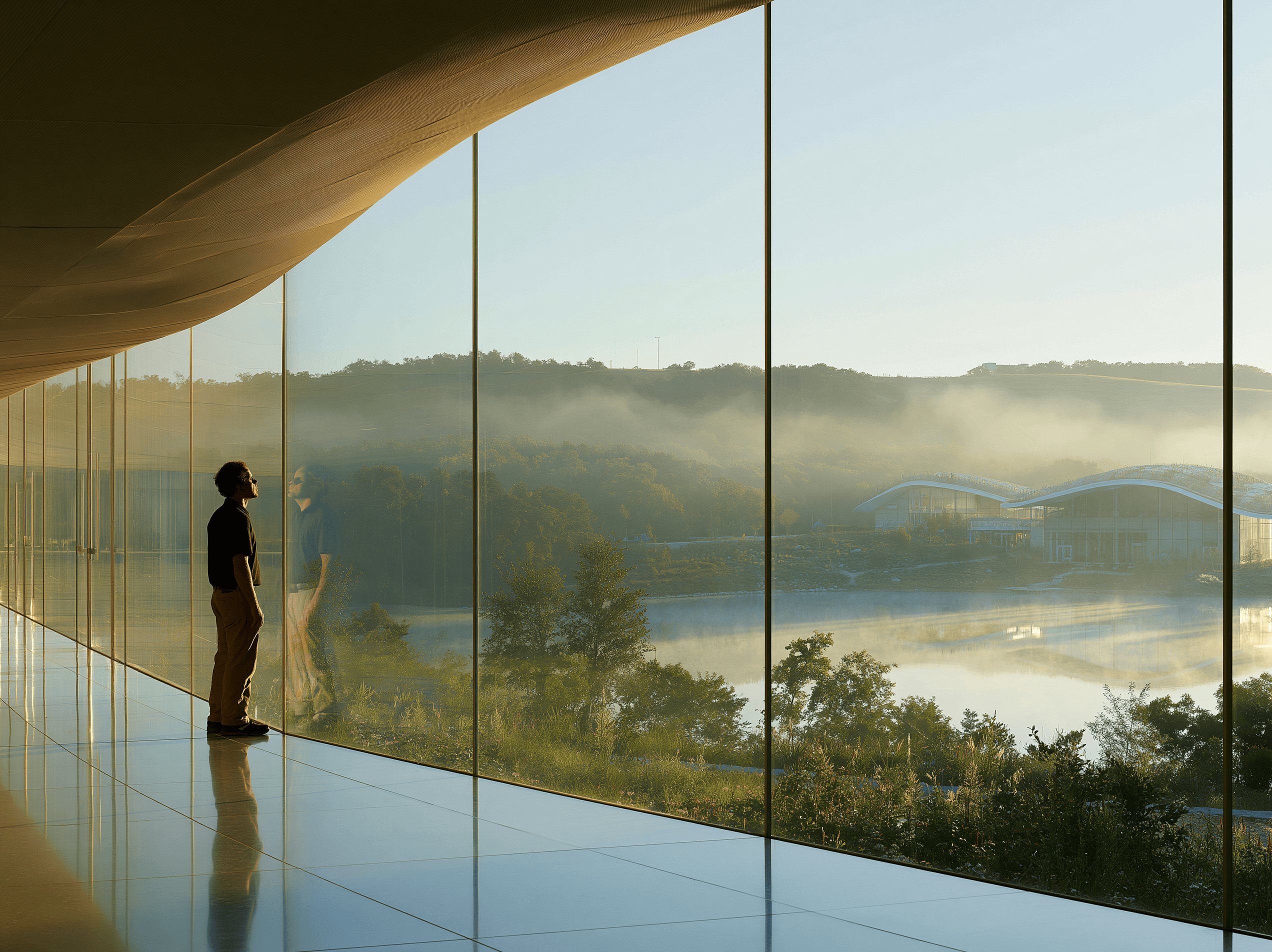 A person looking through floor-to-ceiling windows at misty wetlands and campus buildings